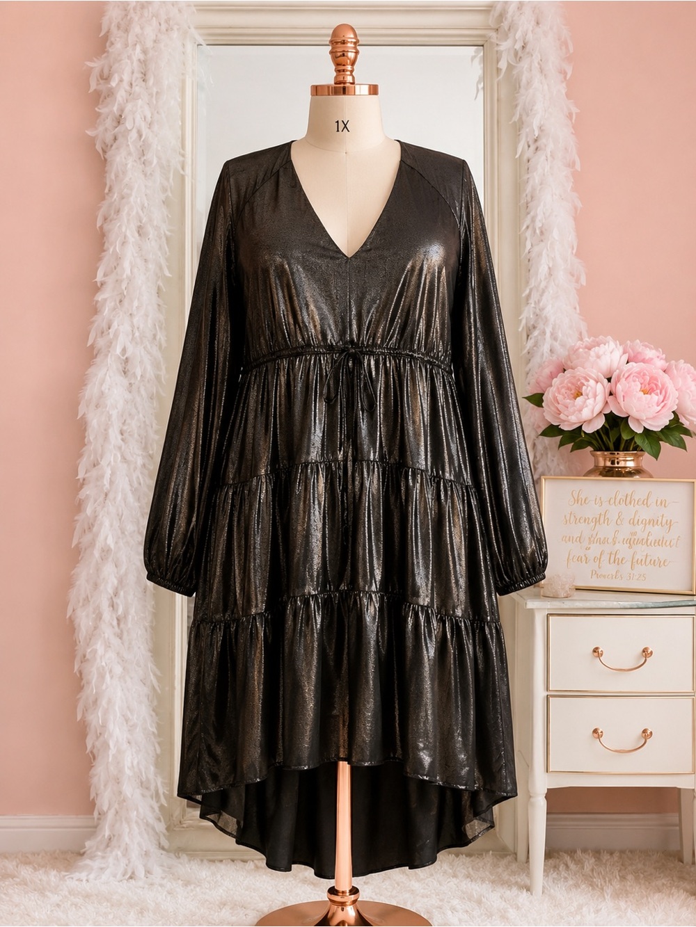 Melissa McCarthy Seven7 Black Metallic Tiered Dress NWT Size 1X MSRP $139